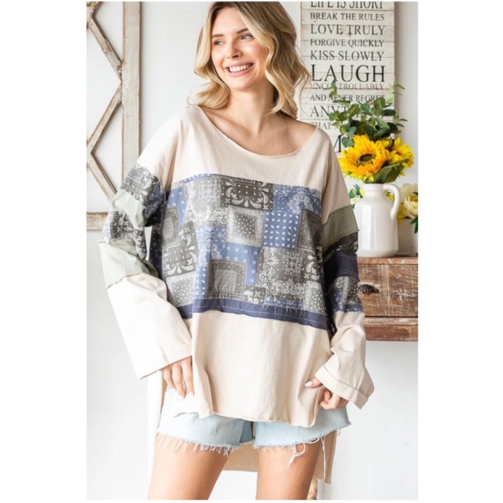 Oli & Hali Cream and Blue Long Sleeve Top NIB